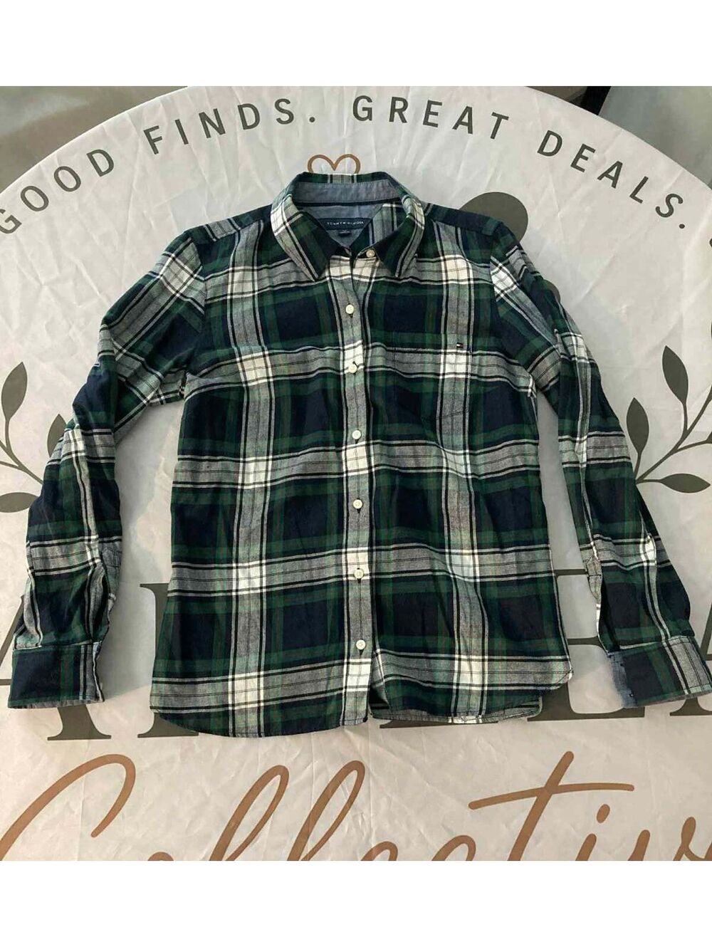 Tommy Hilfiger Men's Green and Navy Plaid Button-Up Shirt Size S